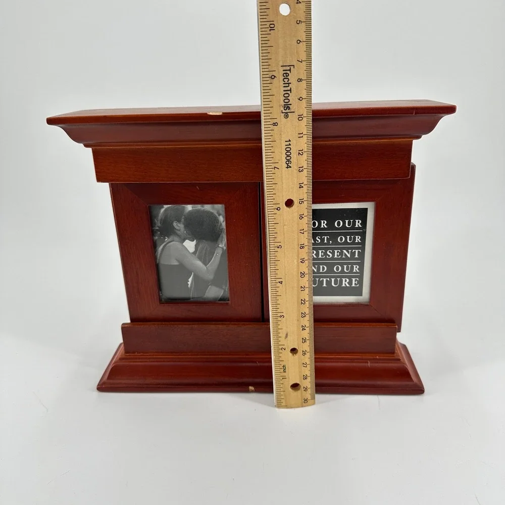 Wooden Mantel Triple Picture Frame Sliding Door Cherry Finish Tabletop Decor